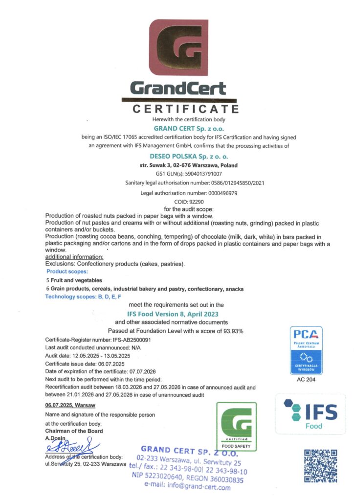 certificate Deseo - IFS Food 8